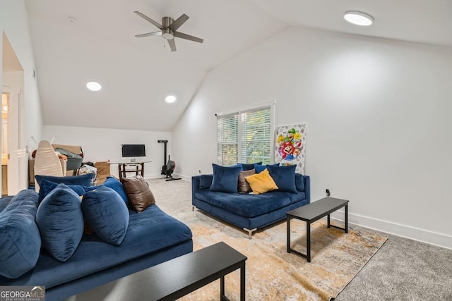 carpeted living room featuring ceiling fan and lofted ceiling