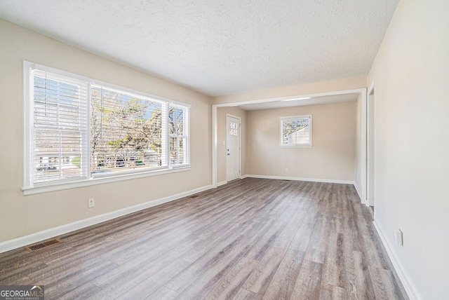 empty room with a textured ceiling, light hardwood / wood-style floors, and a healthy amount of sunlight