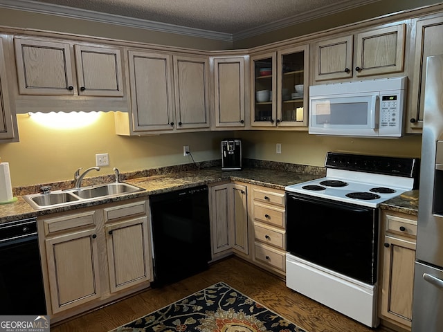 kitchen featuring sink, dark hardwood / wood-style floors, crown molding, a textured ceiling, and white appliances