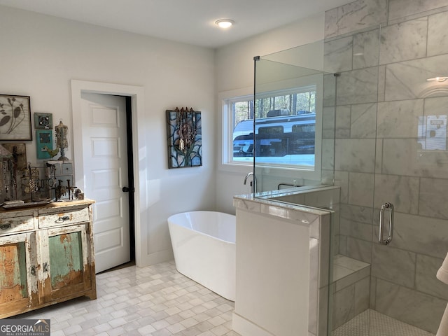 bathroom with shower with separate bathtub