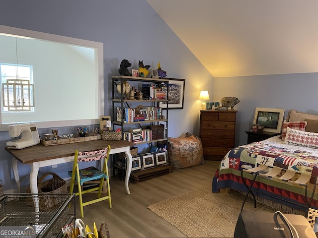 bedroom with vaulted ceiling and hardwood / wood-style flooring