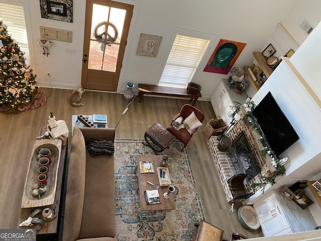 living room with a fireplace and wood-type flooring