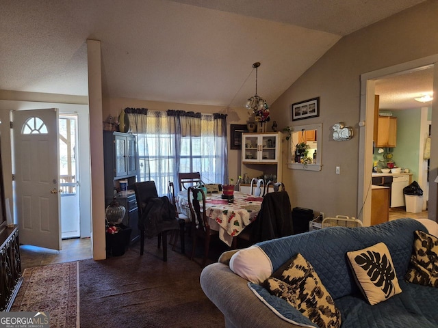 living room with lofted ceiling and dark colored carpet