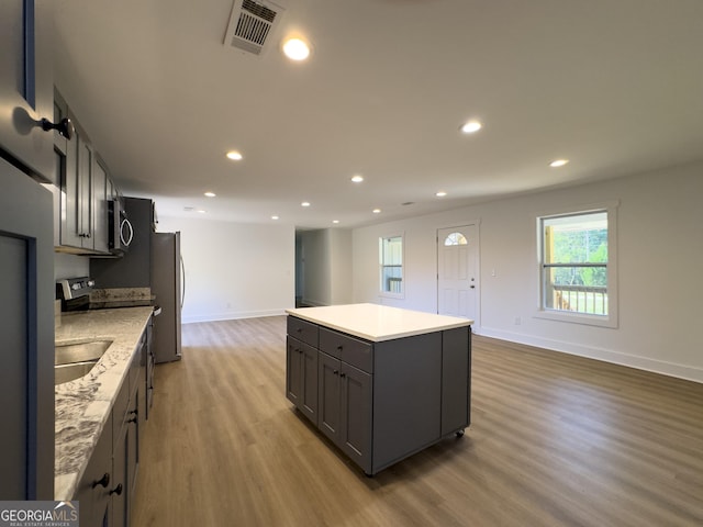 kitchen with gray cabinetry, a center island, light wood-type flooring, and stainless steel appliances