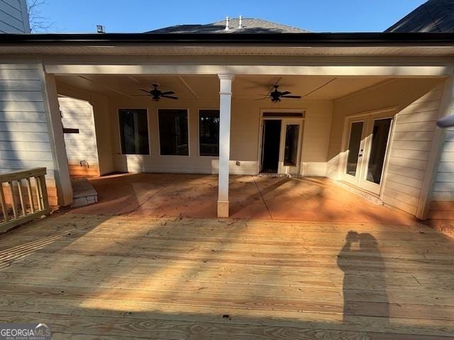 exterior space featuring french doors and ceiling fan