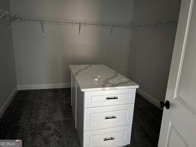 spacious closet with dark colored carpet