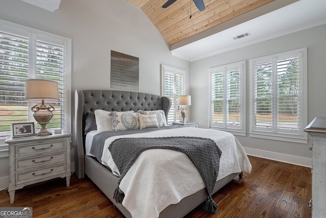 bedroom with multiple windows, ceiling fan, dark wood-type flooring, and wood ceiling