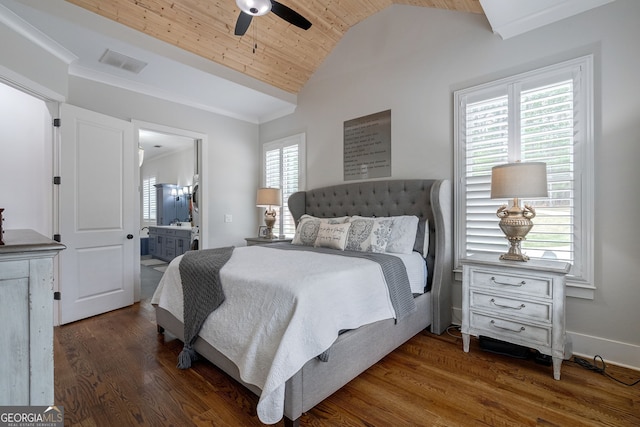 bedroom featuring vaulted ceiling, ceiling fan, dark hardwood / wood-style floors, connected bathroom, and wood ceiling