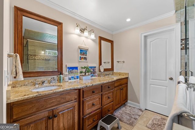 bathroom with an enclosed shower, vanity, tile patterned floors, and ornamental molding