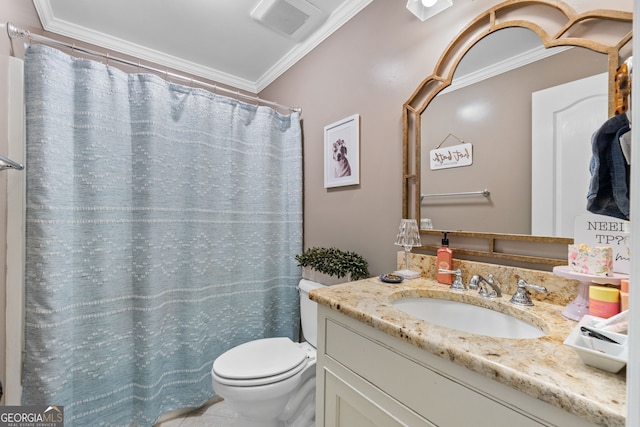 bathroom featuring toilet, crown molding, vanity, and curtained shower