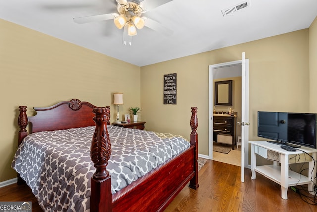 bedroom featuring ceiling fan and hardwood / wood-style flooring