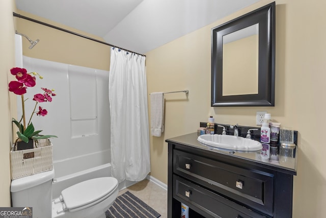 full bathroom with toilet, shower / tub combo, tile patterned floors, and vanity