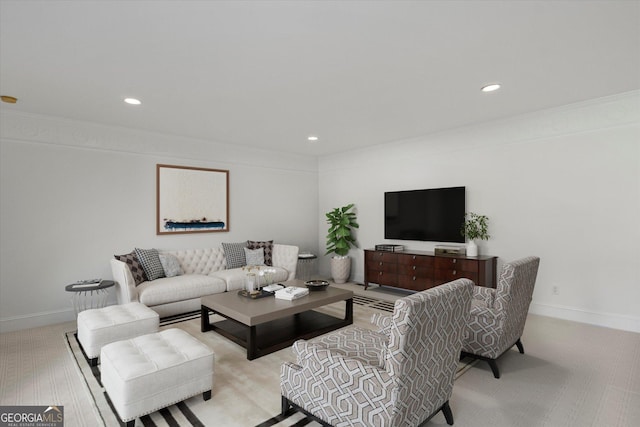 living room featuring light colored carpet and ornamental molding