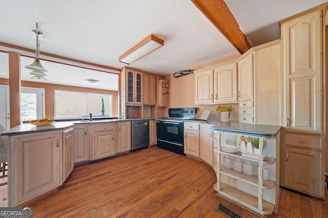 kitchen with dishwasher, beam ceiling, wood-type flooring, light brown cabinetry, and black range with electric cooktop