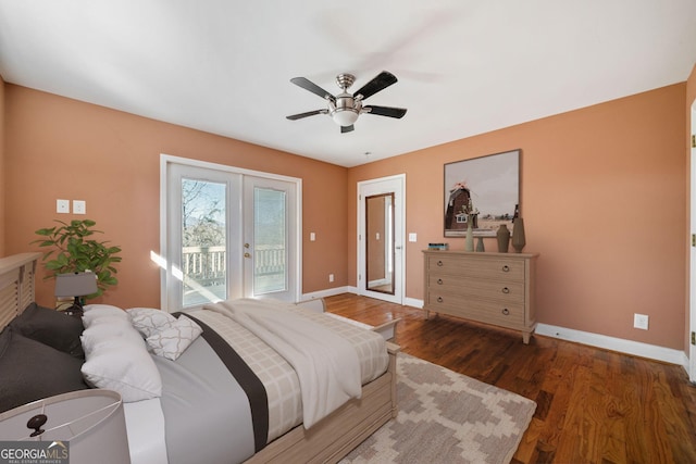 bedroom with french doors, ceiling fan, access to exterior, and dark hardwood / wood-style flooring