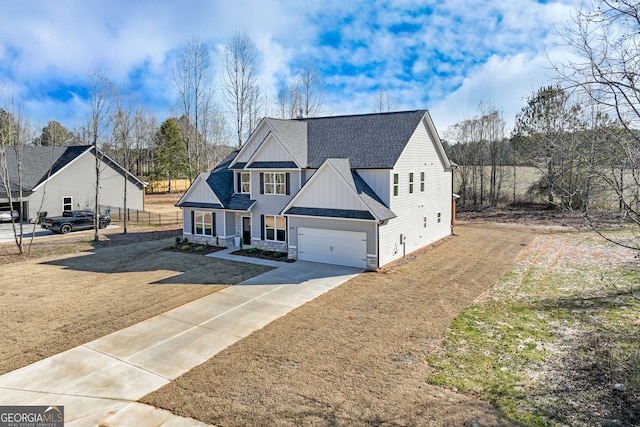 240 Good Hope Preserve, Good Hope, GA 30641 - modern farmhouse style home with board and batten siding, roof with shingles, concrete driveway, stone siding, and an attached garage