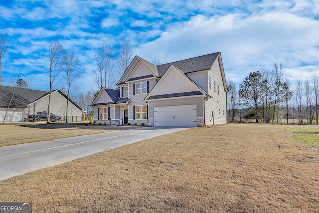 240 Good Hope Preserve, Good Hope, GA 30641 - craftsman inspired home with board and batten siding, driveway, stone siding, roof with shingles, and a front lawn