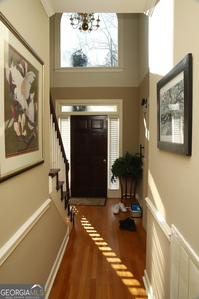 foyer featuring dark hardwood / wood-style floors, a high ceiling, and an inviting chandelier