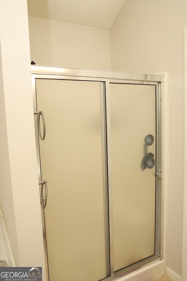 bathroom featuring a shower with door