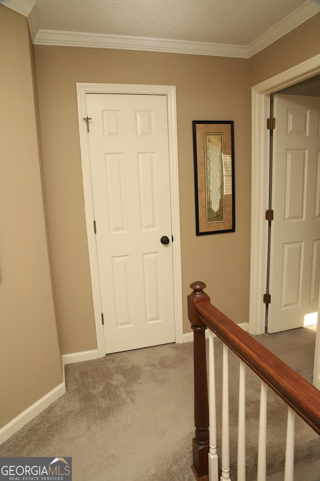 hall with carpet flooring and crown molding