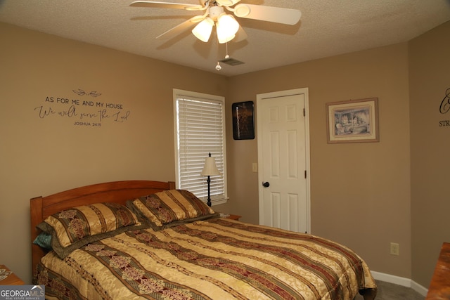 bedroom featuring a textured ceiling and ceiling fan