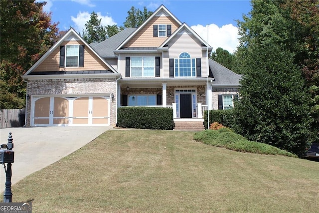 craftsman-style house featuring a porch, a garage, and a front lawn