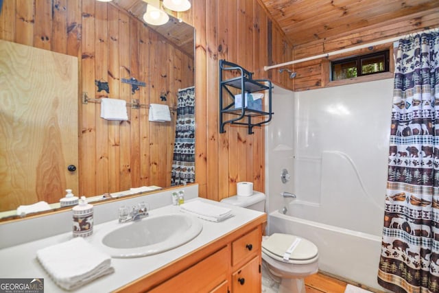 full bathroom featuring wood ceiling, vanity, shower / tub combo with curtain, wooden walls, and toilet