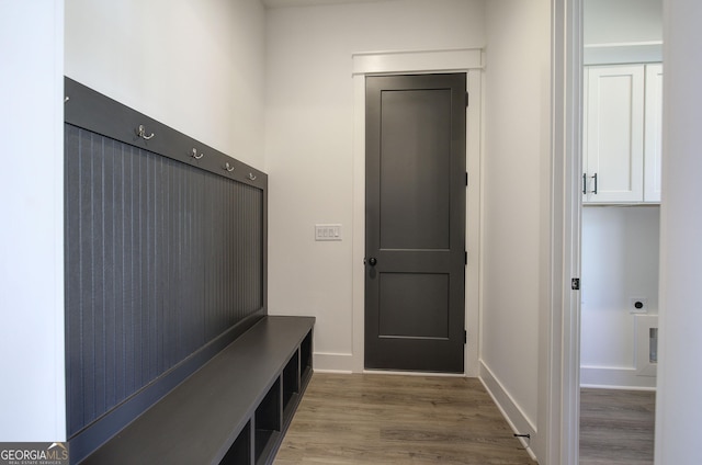 mudroom with hardwood / wood-style flooring