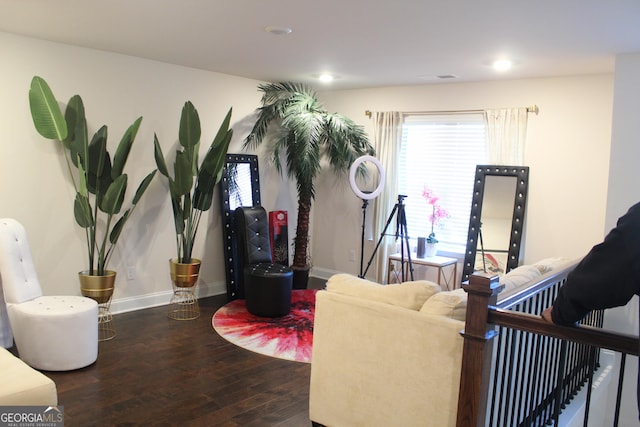 living room with dark hardwood / wood-style flooring