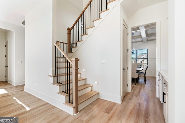 1757 Traditions Way, Jefferson, GA 30549 - stairs with beamed ceiling, wood-type flooring, and coffered ceiling