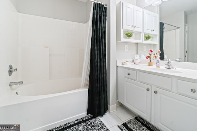 bathroom featuring vanity, tile patterned flooring, and shower / bathtub combination with curtain