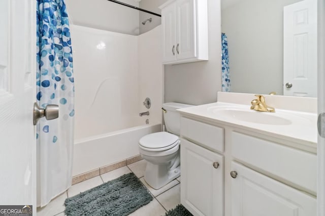 full bathroom with toilet, shower / bath combo, vanity, and tile patterned floors