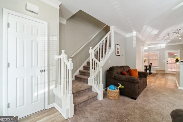 carpeted living room featuring ceiling fan and crown molding