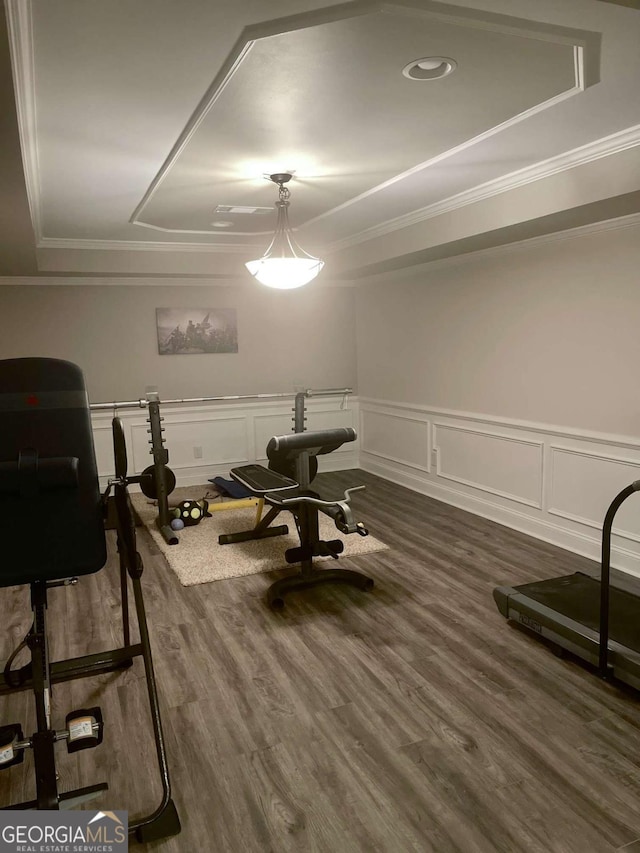 exercise room featuring crown molding and dark hardwood / wood-style floors