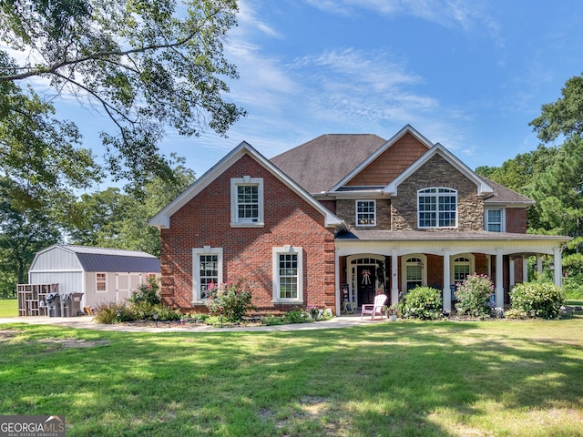 view of front of property with a porch, a front lawn, and a shed