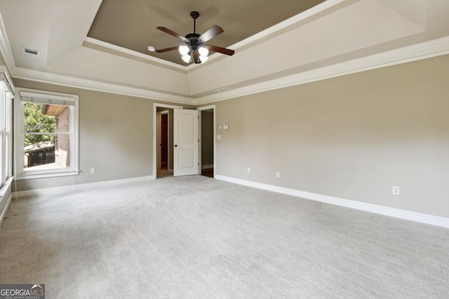 spare room with a tray ceiling, ceiling fan, and crown molding