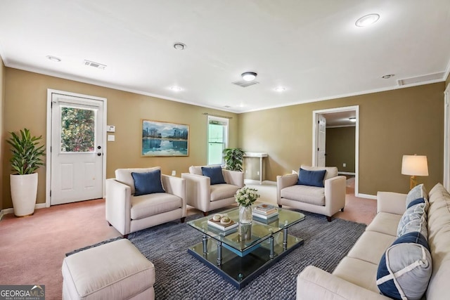 carpeted living room featuring crown molding