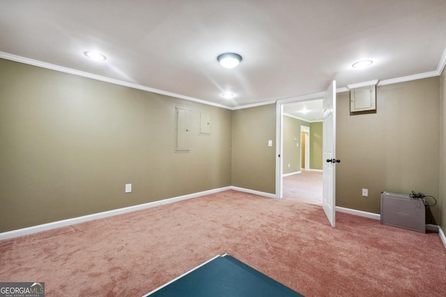 basement with carpet floors and ornamental molding