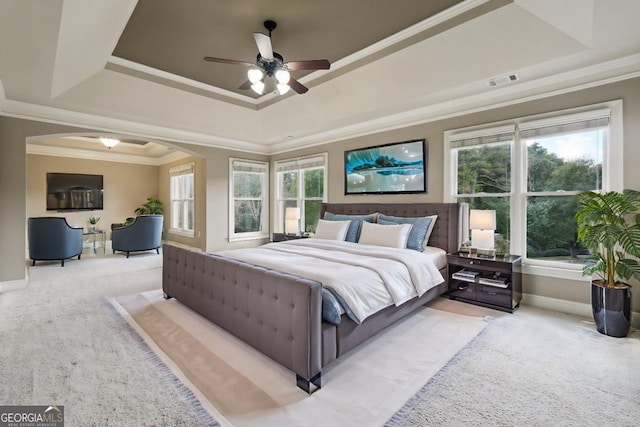 bedroom featuring multiple windows, a tray ceiling, and ceiling fan