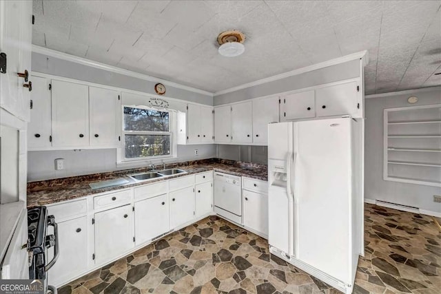 kitchen featuring sink, a baseboard heating unit, crown molding, white appliances, and white cabinets