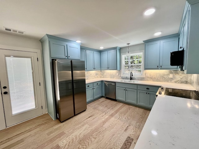 kitchen with sink, decorative light fixtures, decorative backsplash, appliances with stainless steel finishes, and light wood-type flooring