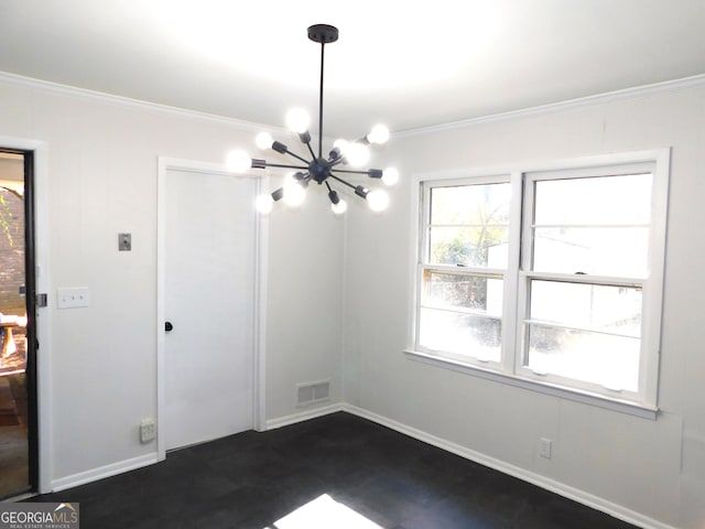 unfurnished dining area with baseboards, ornamental molding, visible vents, and an inviting chandelier