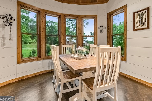 dining space featuring plenty of natural light and wooden walls