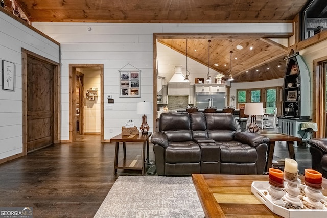 living room featuring dark hardwood / wood-style floors, wood walls, wood ceiling, and high vaulted ceiling