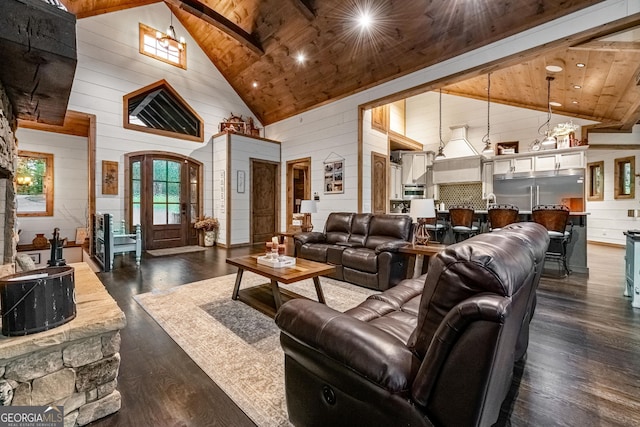 living room with wooden ceiling, high vaulted ceiling, wooden walls, beam ceiling, and dark hardwood / wood-style flooring