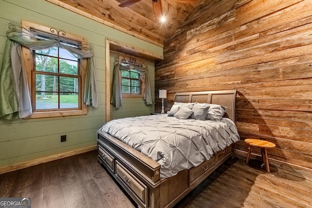 bedroom featuring vaulted ceiling, wood ceiling, dark wood-type flooring, and wood walls