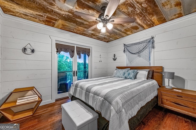 bedroom with access to outside, ceiling fan, wood ceiling, and dark hardwood / wood-style floors