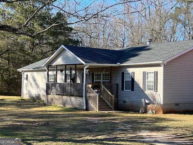 ranch-style house with crawl space, a porch, and roof with shingles