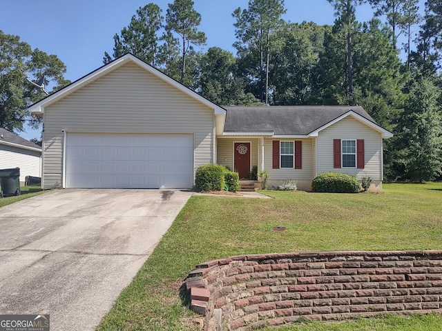 ranch-style home with a garage and a front yard