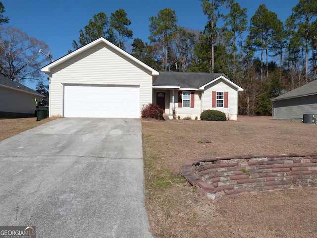 single story home featuring a garage, central AC unit, and a front lawn